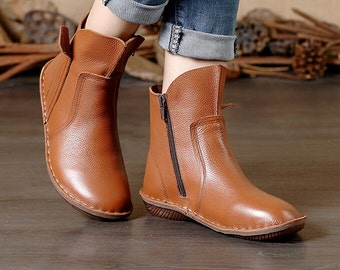 Große Handgemachte braune Stiefel, Ankle Boots, Oxford Damen Schuhe, flache Schuhe, Retro Lederschuhe, Casual Schuhe, Kurze Stiefel, Booties