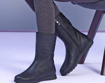 Handgefertigte Frauen Schwarz Lederstiefel, Winterschuhe, Hochwertige Frauen Flache Stiefel, Kurze Stiefel, Booties, Lederschuhe