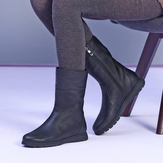 Botas de piel negras para mujer, hechas a mano, zapatos de