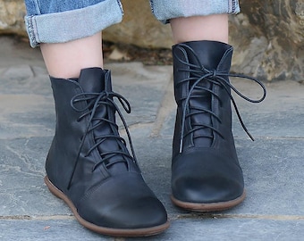 Handmade Women Leather Shoes,Ankle Tie Boots,Oxford Women Shoes, Flat Shoes,Short Boots,Booties,Black Booties,Brown Boots