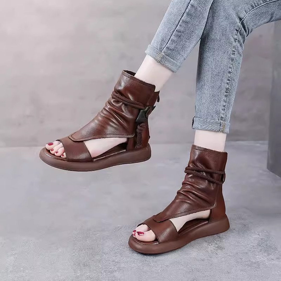 Handmade High Platform Sandals, Brown Leather Sandals Booties,oxford ...