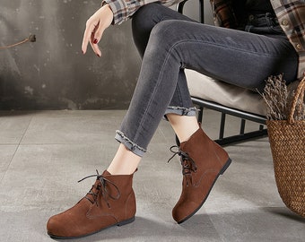 Handmade Women Leather Ankle Boots, Flat Tie Shoes, Retro Leather Shoes, Casual Shoes, Short Boots,Booties, Leather Inside Shoes