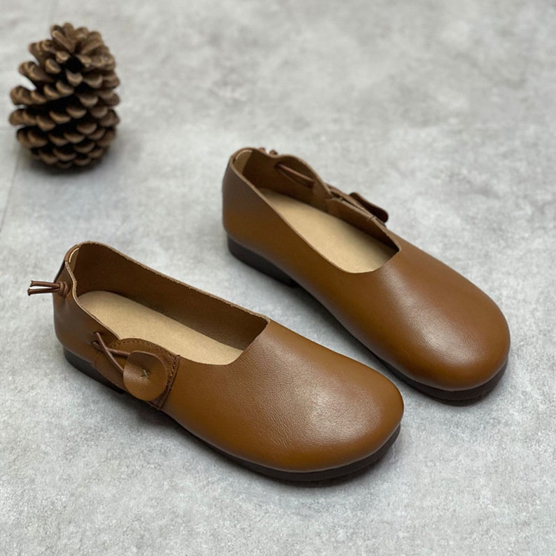 Handmade Soft Shoes for Women,Oxford Shoes, Flat Shoes, Retro Leather Shoes, Slip Ons Brown