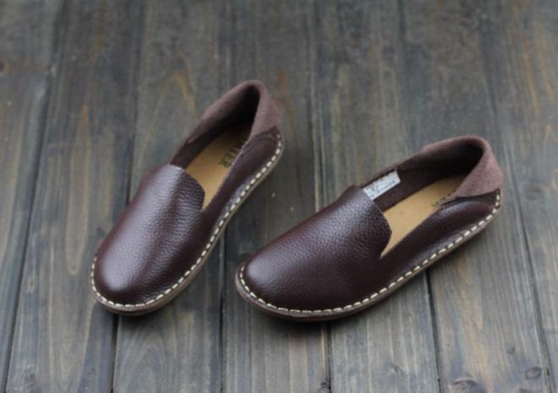 Chaussures brunes faites à la main de couleur pour des femmes, chaussures dOxford, chaussures plates, chaussures rétro en cuir, chaussures occasionnelles, chaussures de printemps/automne image 3