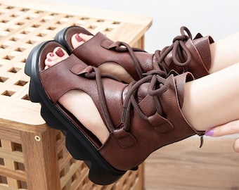 Women Platform Sandals, Brown Leather Sandals Booties,Oxford Retro Women platform Shoes