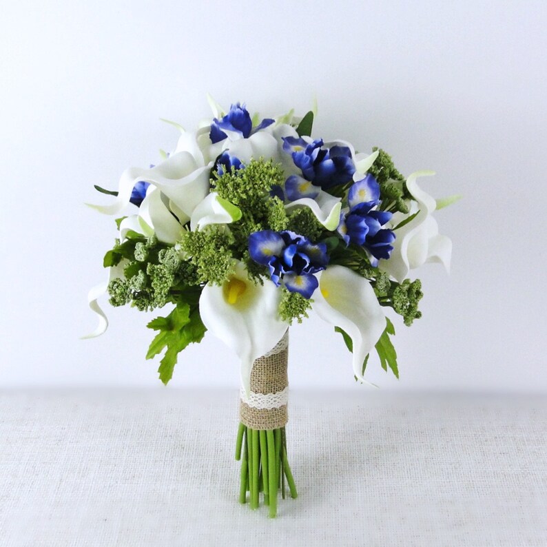calla lily iris bouquets White and indigo wedding bouquet bridal bouquets bridesmaid bouquet green ivory bouquets silk flower bouquets
