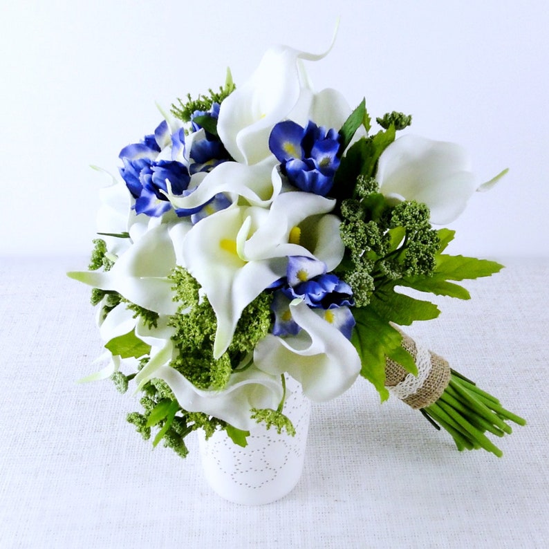 calla lily iris bouquets White and indigo wedding bouquet bridal bouquets bridesmaid bouquet green ivory bouquets silk flower bouquets