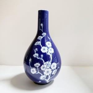 Vintage Cobalt Blue Chinese Vase | Floral Blue Porcelain Vase with White Plum Blossoms |  Asian style ceramic decor