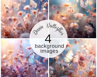 Dawn Butterflies Digital Backgrounds Set of 4 | Pastel Butterflies Scenery Downloadable Art Prints | Commercial licence included