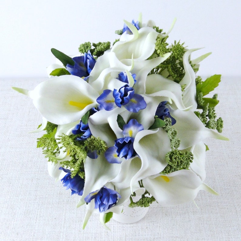 calla lily iris bouquets White and indigo wedding bouquet bridal bouquets bridesmaid bouquet green ivory bouquets silk flower bouquets