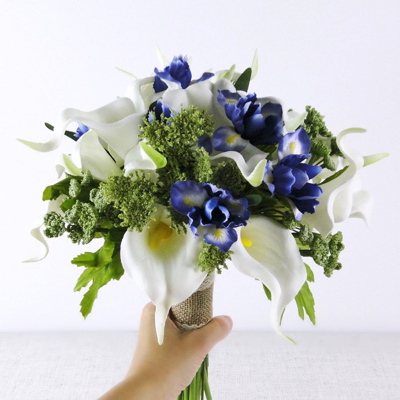 calla lily iris bouquets White and indigo wedding bouquet bridal bouquets bridesmaid bouquet green ivory bouquets silk flower bouquets