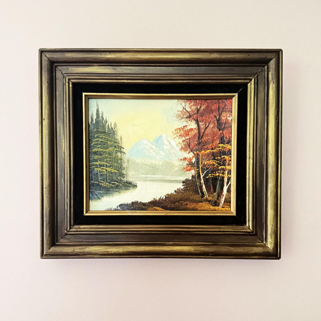 Vintage Framed Mountain Landscape Oil Painting | Autumn Forest & Lake ...