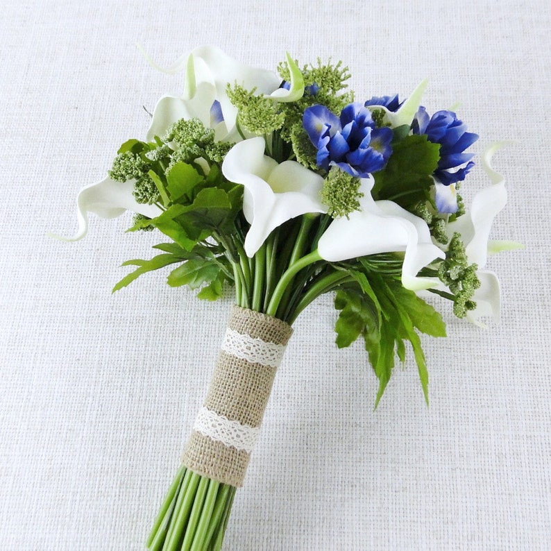 calla lily iris bouquets White and indigo wedding bouquet bridal bouquets bridesmaid bouquet green ivory bouquets silk flower bouquets
