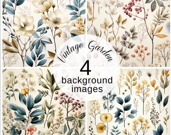 Vintage Garden Digital Backgrounds Set of 4 | Botanical Vintage Study Downloadable Art Prints | Commercial licence included