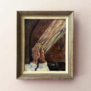 Original Oil Painting Hands in Prayer by M. Wray, 1988 – Religious Wall Art, Framed Canvas, Found Art, Vintage Christian Home Decor