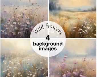 Wild Flowers Meadow Digital Backgrounds Set of 4 | Floral Scenery Downloadable Art Prints | Commercial licence included