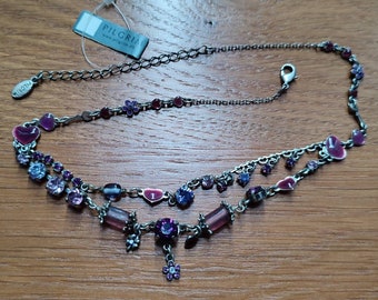 PILGRIM Heart and Rhinestone Danish Design Necklace Silver Metal, Bronze Vintage Retro Boho Chic Pink or Purple or Blue - Green Rhinestones Swarovski