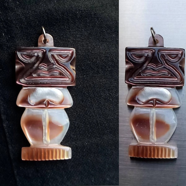Grand Pendant Mariage Original ethnique Tiki Nacre sculptée Mère de perle coquillage blanc irisé gris bronze Super retro chic pur 1970, 4 cm