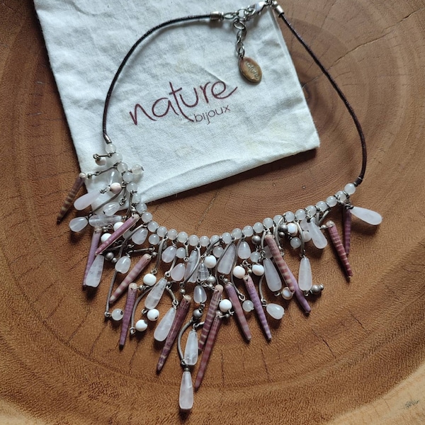 NATURE Bijoux, Collier TOTEM, Vintage, perles de verre, pierre, nacre, épines d'oursin, Créateur France "Déesse de la mer" Rose poudré brun