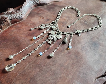 PILGRIM Butterfly Rhinestone White or Blue Danish Design Necklace Silver Metal Vintage Retro Boho Chic Swarovski Star Butterfly Pearl Buddha
