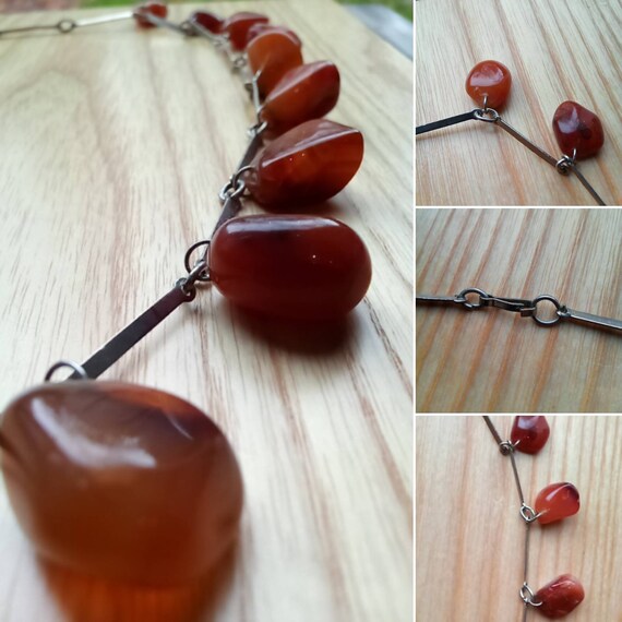 Carnelian Vintage metal necklace Red tumbled ston… - image 1