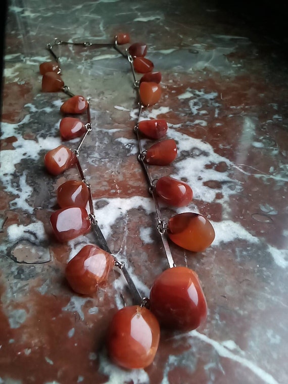 Carnelian Vintage metal necklace Red tumbled ston… - image 2