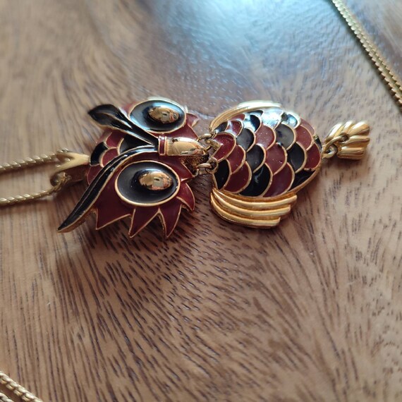1970 D'Orlan sautoir necklace, vintage signed, luminous brown-black enamel, stylized articulated owl design, gold-plated, Bestiary collection - Beautiful retro chic View 4