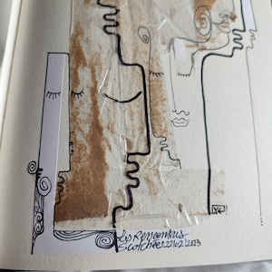 Disegno eco-responsabile su nastro adesivo recuperato dall'imballaggio di una confezione kraft - Arte Originale Pezzo Unico Artista FR LydieLYK - Incontri di esseri umani