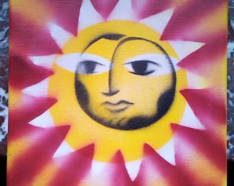 Street Art Pop Peinture bombe acrylique et encre Création originale - Artiste LydieLYK - Astre solaire & lunaire, Coeur Porte bonheur urbain