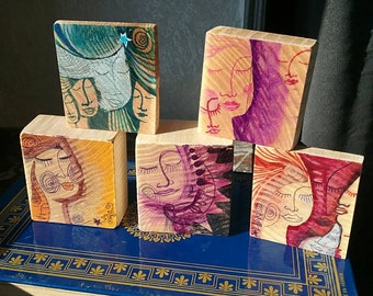 Miniatures on wood - DNA portraits of colorful souls to pose - Artist LydieLYK ink & paint on scrap wood - Contemporary recycled art