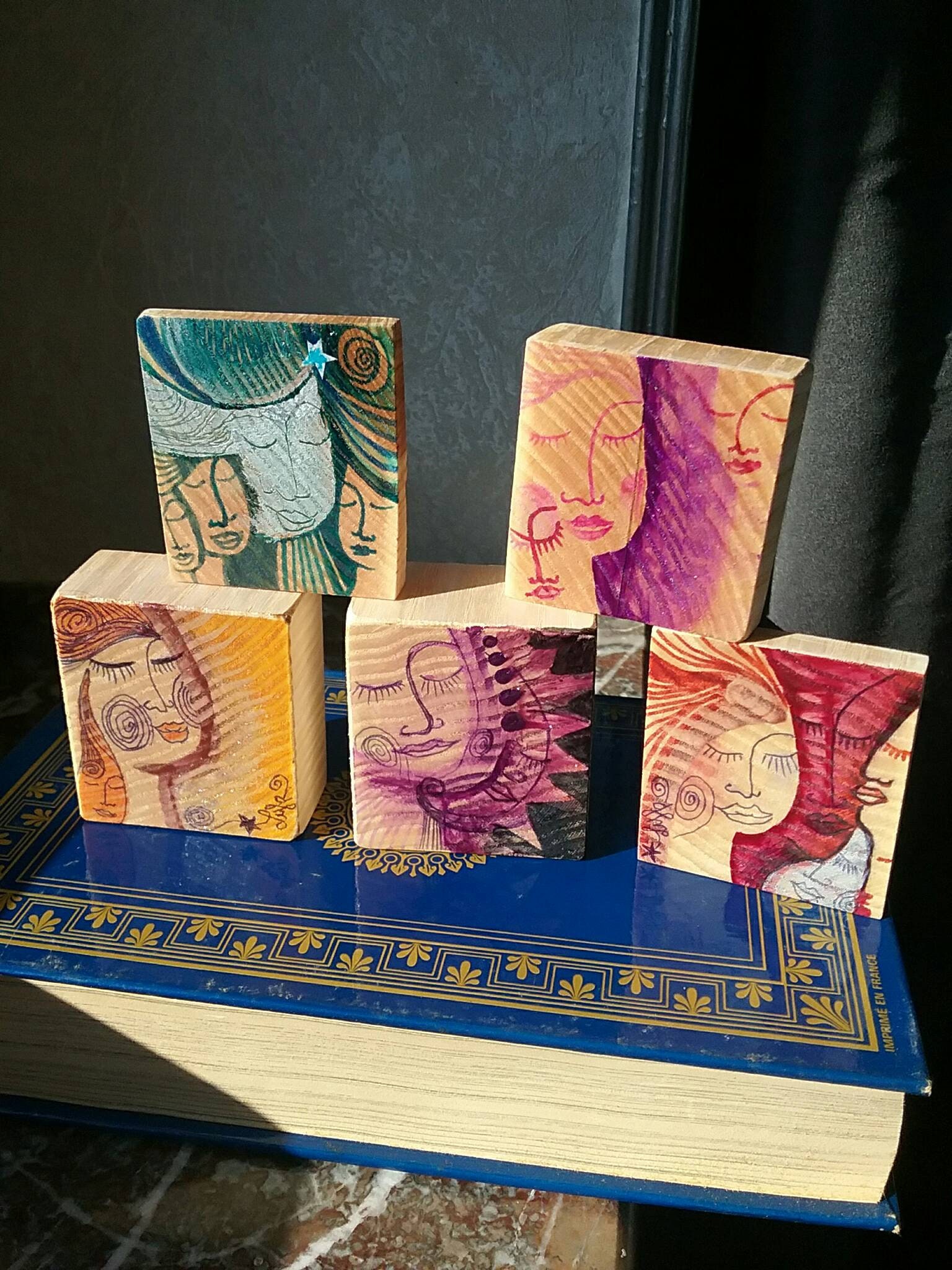 Miniatures on wood - DNA portraits of colorful souls to pose - Artist LydieLYK ink & paint on scrap wood - Contemporary recycled art