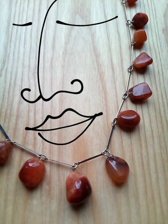Carnelian Vintage metal necklace Red tumbled ston… - image 3