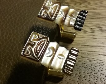 Wedding For him and her - Original Unique Tiki Mother of Pearl cufflinks carved Mother of Pearl shell white iridescent bronze gray retro chic