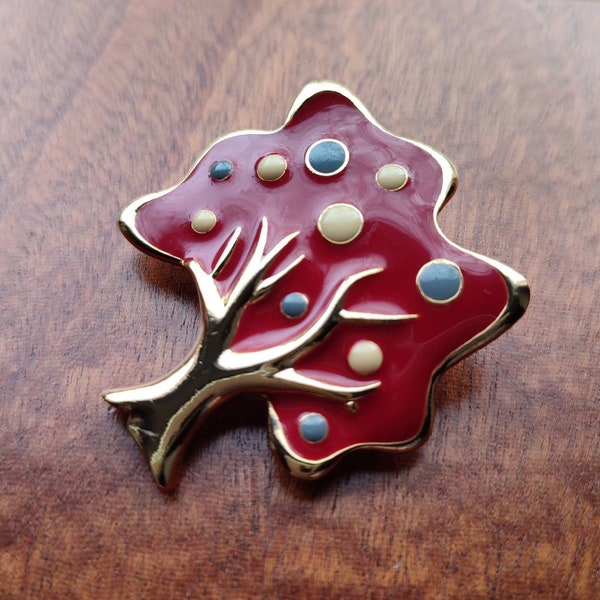 Orena Paris Broche vintage émail rouge brique grenat signée, Design arbre en fruit stylisé, Ton or, Symbole vie collection, renouveau et été