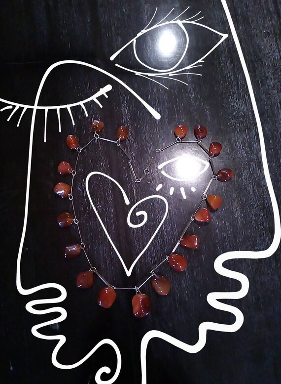 Carnelian Vintage metal necklace Red tumbled ston… - image 6