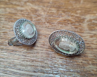 WHITING & DAVIS CO Beautiful Reverse Cameo Clips, Intaglio Glass Face Portrait Roman Woman Silver Metal Frame Romance Wedding Outfit