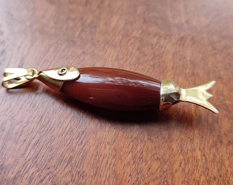 Red-brown mahogany obsidian fish, marbled carnelian, vintage brass pendant Zodiac Lithotherapy Protection Vitality for him - her