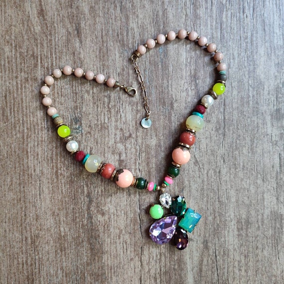 MOON C Paris Necklace Long Necklace Pearl Glass and Multi colored Stone Pendant Crystal Rhinestone Multi shine Retro 1990 Superb Luminous Effect Etsy