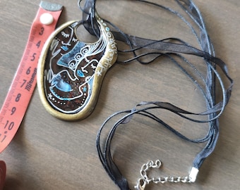 LydieLYK ART Talisman to wear Unique piece on vintage pendant 1980 Drawing on bronze metal and enamel, white and blue watercolor crea FRANCE