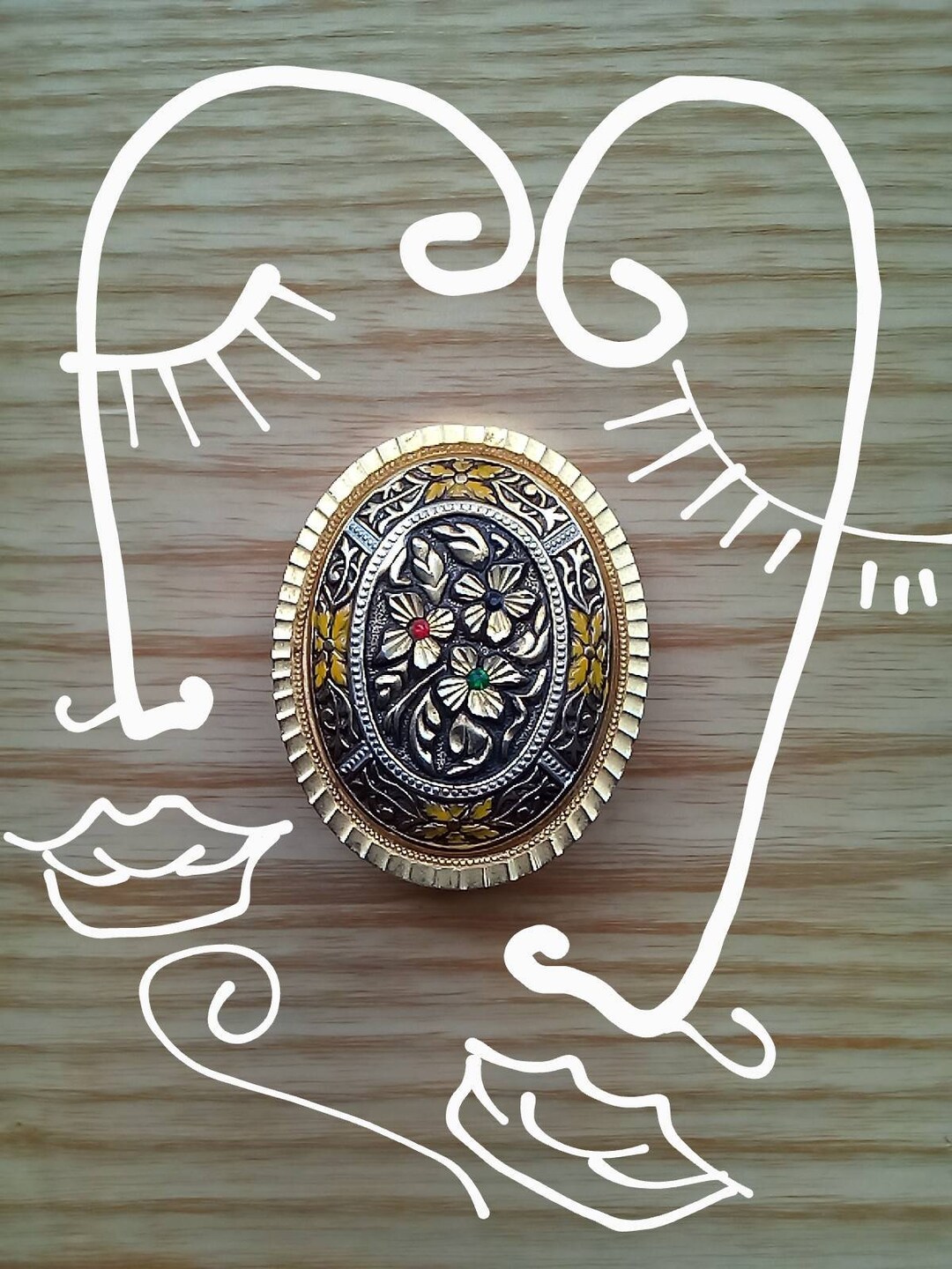 Broche Vintage Damasquinée Or De Tolède - Motif 2 Fleurs - Bijou Ancien Espagnol