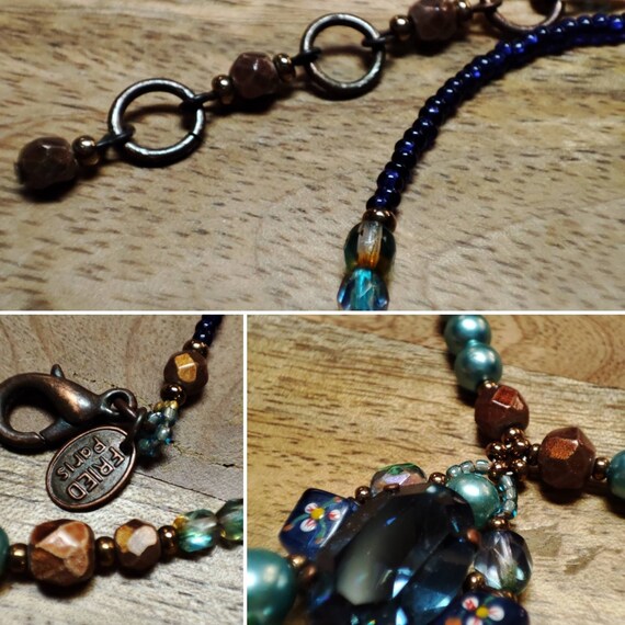 Collier Perles Bois Bleu Et Résine Or – Vintage, Parfait état – Bijou Fantaisie