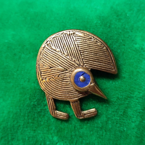 RIVEIRO Moderniste, oiseau, kiwi, oeil email superbe belle broche ethnique vintage 1980, magnifique bronze ciselé martelé pour lui - elle