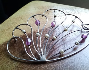 Art Nouveau 1900 SUPERB Hair Barrette Style Jewel - Jewel Clip - Ideal Romantic Boho Wedding Hairstyle, Silver Amethyst Pearl