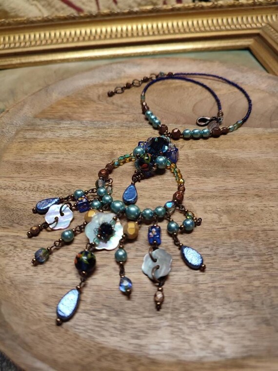 Collier Vintage Perles De Porcelaine Bleu Turquoise - Bijou Ancien Magnifique
