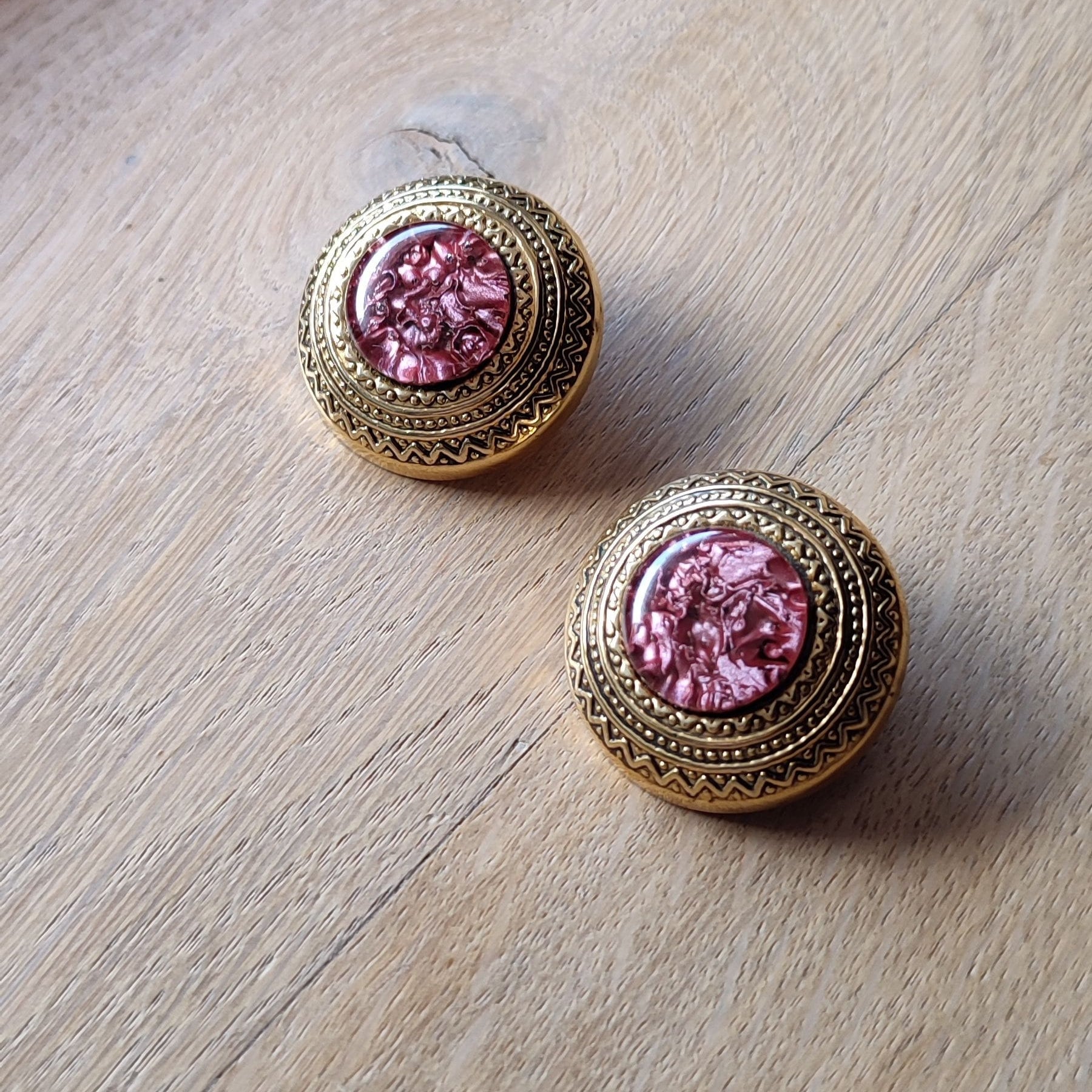Boucles D’Oreilles Vintage Années 80 – Cabochon Résine, Métal Doré, Style Rétro, Occasion