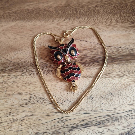 1970 D'Orlan sautoir necklace, vintage signed, luminous brown-black enamel, stylized articulated owl design, gold-plated, Bestiary collection - Beautiful retro chic