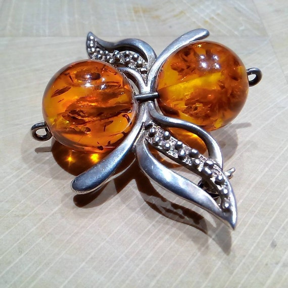 Broche Ancienne En Argent Massif 850/1000 Avec Pierre Ambre - Occasion, Bijou Vintage à Imperfections