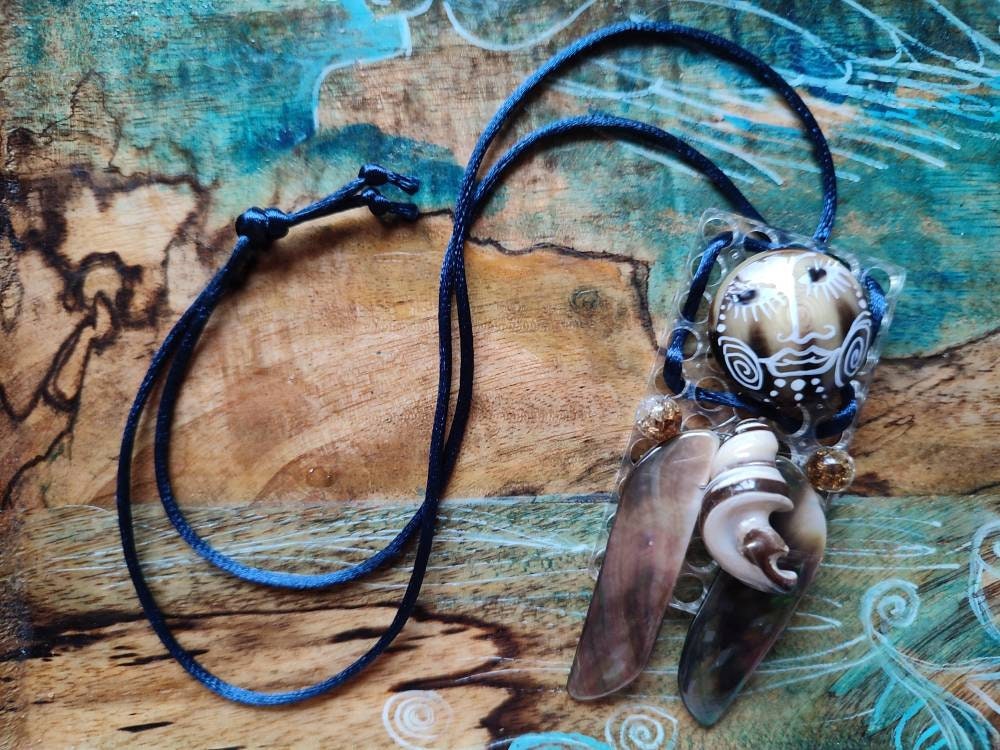 necklace sautoir Goddess of the sea Doll Grigri Art Lucky charm Necklace Button lucite Vintage Glass and Mother of Pearl - French designer LydieLYK