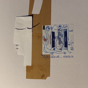 Disegno eco responsabile su nastro adesivo recuperato dall'imballaggio di una confezione kraft - Arte originale Pezzo unico Artista FR LydieLYK - Incontri registrati