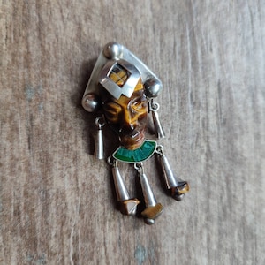 Aztec Mayan Mexican Brooch and Pendant 1960s - Silver + MEXICO - Tiger&#39;s Eye with Carved Mask, Green Malachite Mosaic